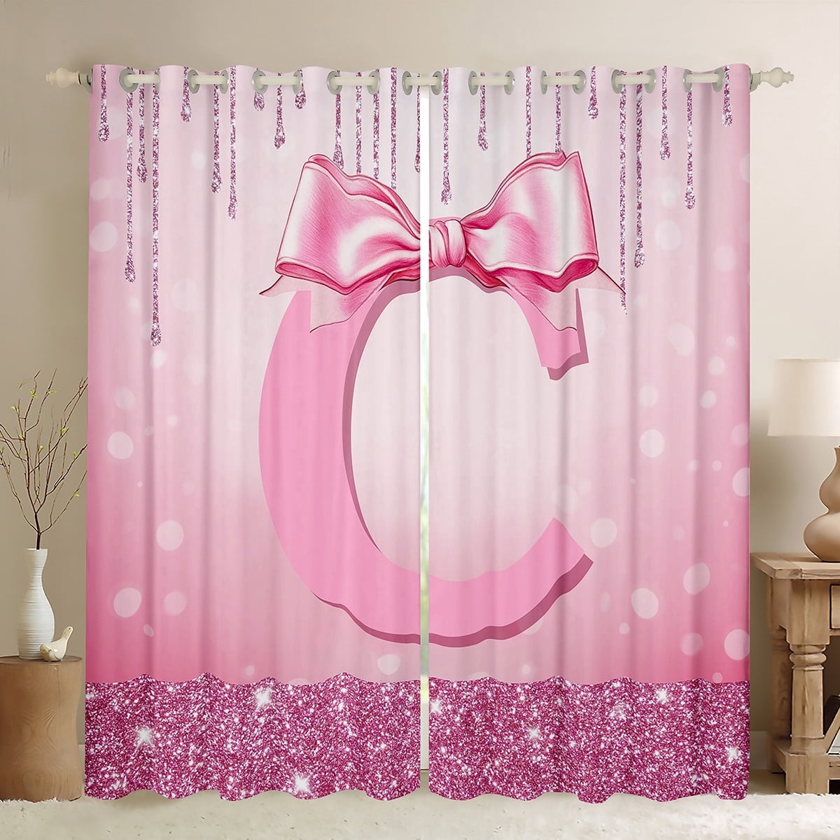 jejeloiu Personalized Gifts Bow Black Out Curtains,Letter C Curtains Pack of 2 (42x63 Each),Pink Bling Print Bedroom Curtains For Children,Lightweight Room Decoration