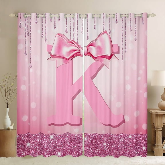 jejeloiu Personalized Gifts Bow Black Out Curtains,Letter K Curtains Pack of 2 (42x63 Each),Pink Bling Print Bedroom Curtains For Children,Lightweight Room Decoration