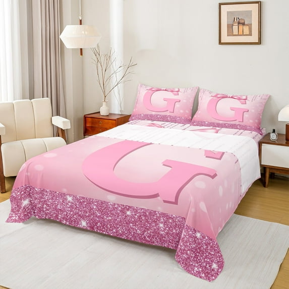 jejeloiu Personalized Gifts Bow Full Size Sheets,Letter G Bed Sheets,Pink Bling Print Sheet Sets For Children,Lightweight Room Decoration,4-Piece