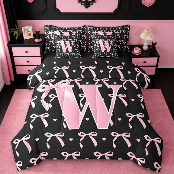 jejeloiu Personalized Gifts Bow Twin Bedding Sets,7-Piece,Letter W Bedding Comforter Set,Cartoon Bow Bowknot Sheet Sets,Lightweight Room Decoration Reversible