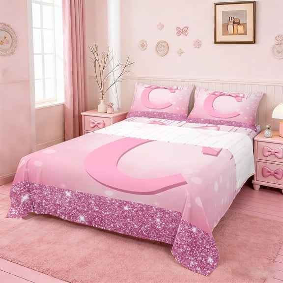 jejeloiu Personalized Gifts Bow Twin Sheet Sets,Letter C Twin Fitted Sheet,Pink Bling Print Flat Sheet For Children,Lightweight Room Decoration,3 Pieces