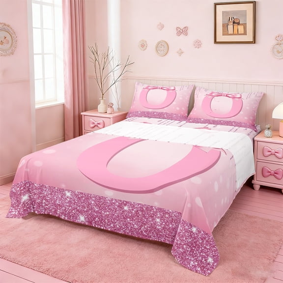 jejeloiu Personalized Gifts Bow Twin Sheet Sets,Letter O Twin Fitted Sheet,Pink Bling Print Flat Sheet For Children,Lightweight Room Decoration,3 Pieces