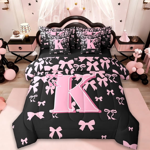 jejeloiu Personalized Gifts Bowtie Bedding Comforter Set 7-Piece,Letter K King Bedding Sets,Pink Black Bow Bowknot Bed ,Lightweight Room Decoration Reversible
