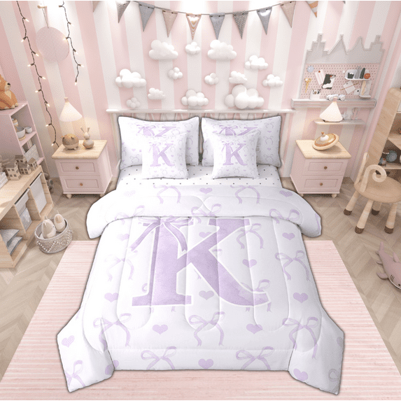 jejeloiu Personalized Gifts Bowtie Bedding Comforter Set 7 Pieces,Letter K Full Bedding Set,Purple White Bow Bowknot Fitted Sheet Flat Sheet,Lightweight Room Decoration Reversible