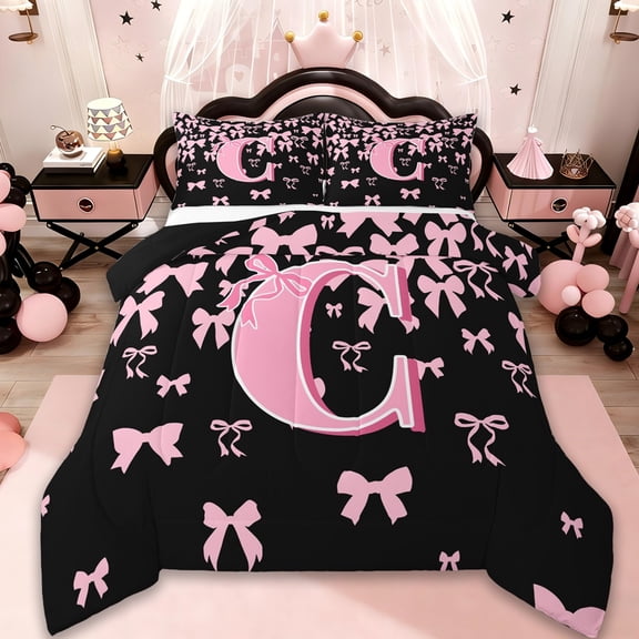 jejeloiu Personalized Gifts Bowtie Bedding Comforter Set,Letter C Twin Comforter Sets,Pink Black Bow Bowknot Bedding Set,Lightweight Room Decoration Reversible,2-Piece