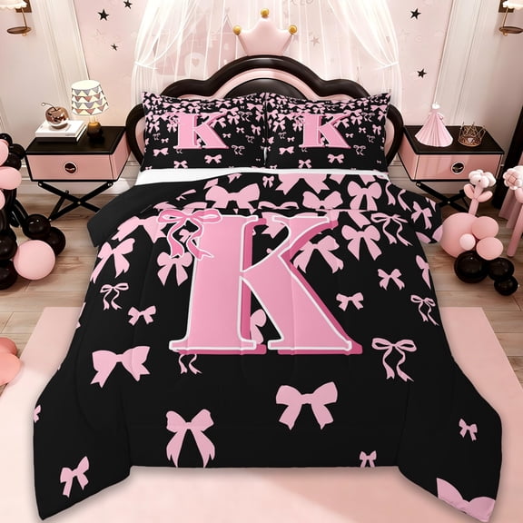 jejeloiu Personalized Gifts Bowtie Bedding Comforter Set,Letter K Twin Comforter Sets,Pink Black Bow Bowknot Bedding Set,Lightweight Room Decoration Reversible,2pcs
