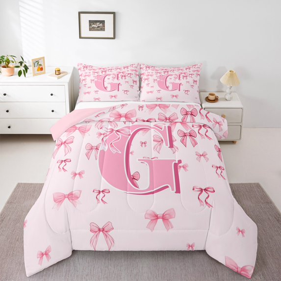 jejeloiu Personalized Gifts Bowtie Full Size Comforter Sets,Letter G Bedding Comforter Set,Pink Bow Bowknot Bedding Sets,Lightweight Room Decoration Reversible,3-Piece