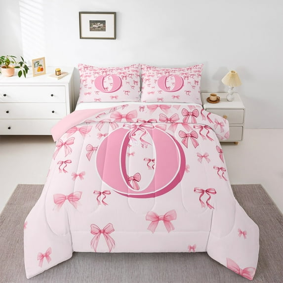 jejeloiu Personalized Gifts Bowtie Full Size Comforter Sets,Letter O Bedding Comforter Set,Pink Bow Bowknot Bedding Sets,Lightweight Room Decoration Reversible,3pcs