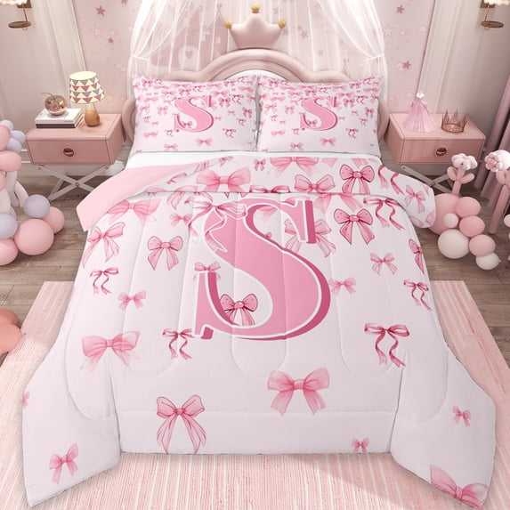 jejeloiu Personalized Gifts Bowtie Queen Comforter Set,Letter S Bedding Sets,Pink Bow Bowknot Bedding Comforter Set,Lightweight Room Decoration Reversible,3 Pieces