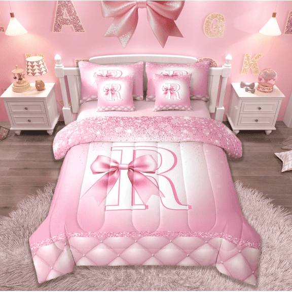 jejeloiu Personalized Gifts Bowtie Twin Bedding Sets 7-Piece,Bowknot Latter R Bedding Comforter Set,Ribbon Bow Tie Sheet Sets For Princess,Lightweight Room Decoration Reversible
