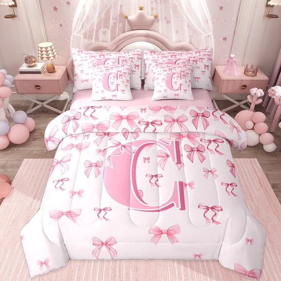 jejeloiu Personalized Gifts Bowtie Twin Bedding Sets 7-Piece,Letter C Bedding Comforter Set,Pink Bow Bowknot Sheet Sets,Lightweight Room Decoration Reversible