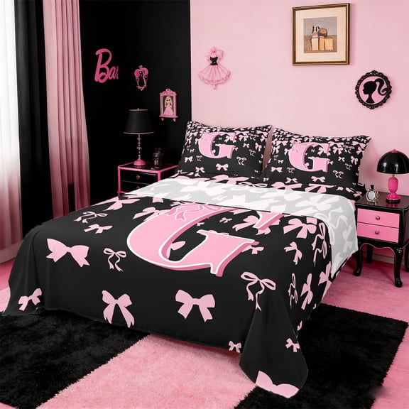 jejeloiu Personalized Gifts Bowtie Twin Sheet Sets,Letter G Twin Fitted Sheet,Pink Black Bow Bowknot Flat Sheet,Lightweight Room Decoration,3 Pieces