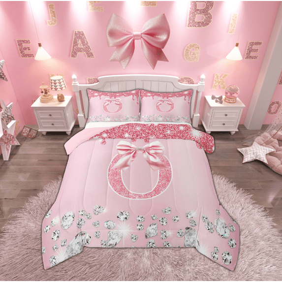 jejeloiu Personalized Gifts Diamond Bedding Comforter Set,Bowtie Letter O Twin Comforter Sets,Pink Sequin Print Bedding Set For Children,Lightweight Room Decoration Reversible,2 Pieces