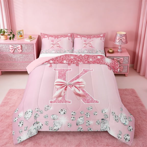 jejeloiu Personalized Gifts Diamond Queen Comforter Set,Bowtie Letter K Bedding Sets,Pink Sequin Print Bedding Comforter Set For Children,Lightweight Room Decoration Reversible,3pcs