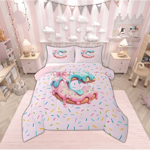 jejeloiu Personalized Gifts Doughnut Bedding Comforter Set,Letter C Twin Comforter Sets,Colorful Bowknot Bedding Set For Child,Lightweight Room Decoration Reversible,2pcs
