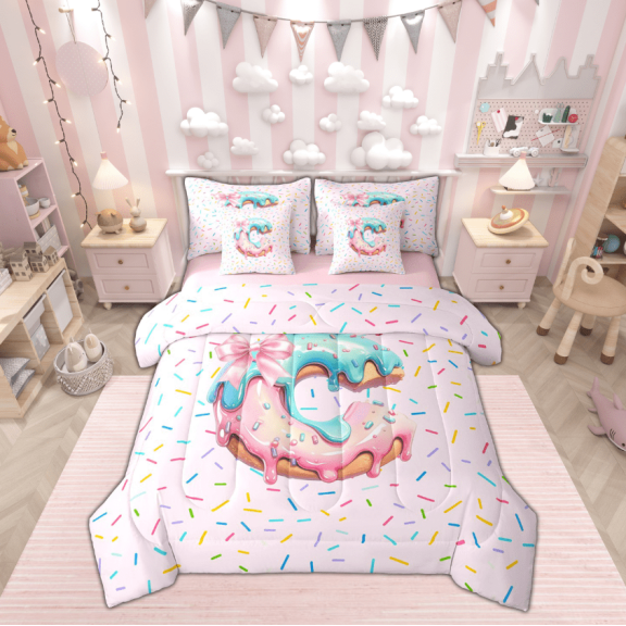 jejeloiu Personalized Gifts Doughnut Twin Bedding Sets 7-Piece,Letter C Bedding Comforter Set,Colorful Bowknot Sheet Sets For Child,Lightweight Room Decoration Reversible
