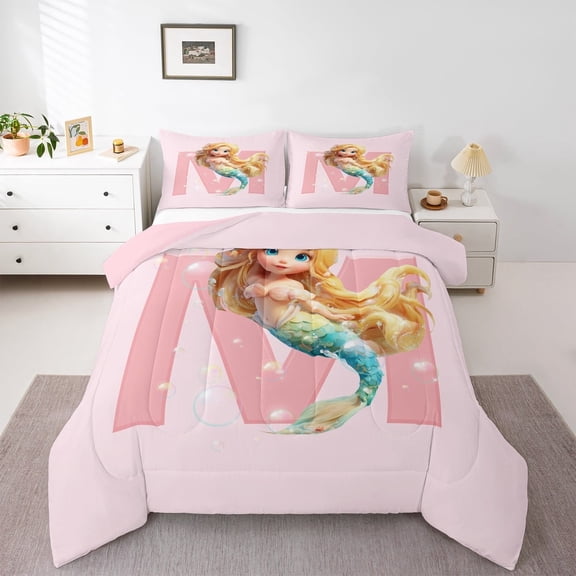 jejeloiu Personalized Gifts Mermaid Full Size Comforter Sets,Pink Latter M Bedding Comforter Set,Natural Sea Animal Bedding Sets For Princess,Lightweight Room Decoration Reversible,3 Pieces