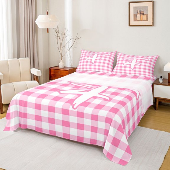 jejeloiu Personalized Graffiti Monogram F Bed Sheets For Girls,Pink Check Initial Design King Sheets,4pcs