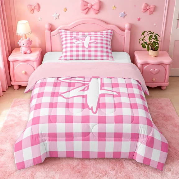 jejeloiu Personalized Graffiti Monogram F Twin Comforter Sets For Girls,Pink Check Initial Design Bedding Set,Pink Reversible,2-Piece