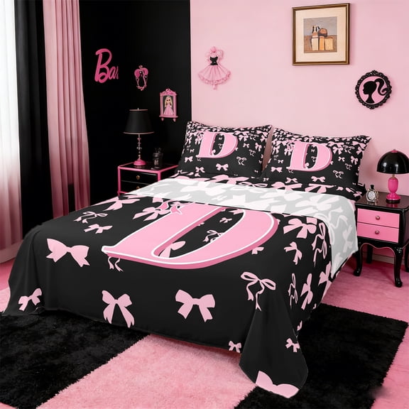 jejeloiu Personalized Letter D Bed Sheets,Monogrammed Theme King Sheets,Ribbon Bow Knot Sheet Set,Ultra Soft Bedroom Decor,4 Pieces