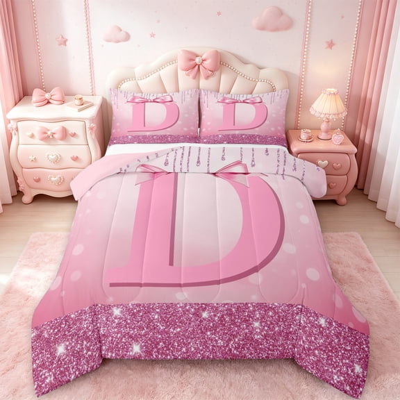 jejeloiu Personalized Letter D Bedding Comforter Set,Monogrammed Theme Twin Comforter Sets,Ribbon Bow Knot Bedding Set,Ultra Soft Bedroom Decor Reversible,2pcs