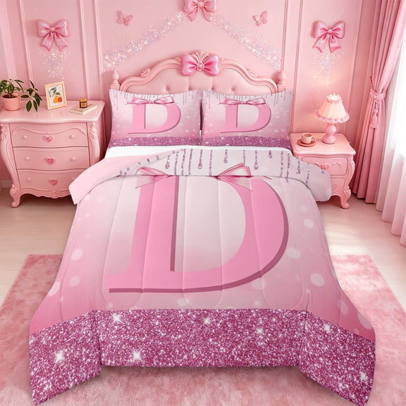 jejeloiu Personalized Letter D Bedding Comforter Set,Monogrammed Theme Twin Comforter Sets,Ribbon Bow Knot Bedding Set,Ultra Soft Bedroom Decor Reversible,2pcs