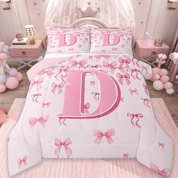 jejeloiu Personalized Letter D Full Size Comforter Sets,Monogrammed Theme Bedding Comforter Set,Ribbon Bow Knot Bedding Sets,Ultra Soft Bedroom Decor Reversible,3-Piece