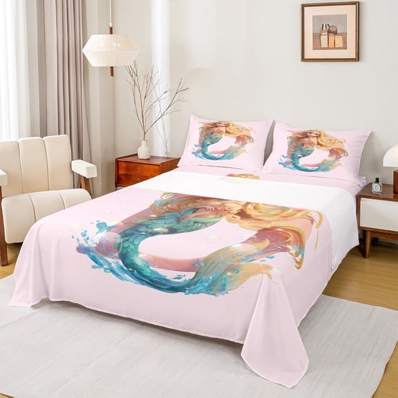 jejeloiu Personalized Letter D Queen Sheet Sets,Monogrammed Theme Flat Sheet,Cartoon Ocean Mermaid Queen Fitted Sheet For Girl Teens,Ultra Soft Bedroom Decor,4pcs