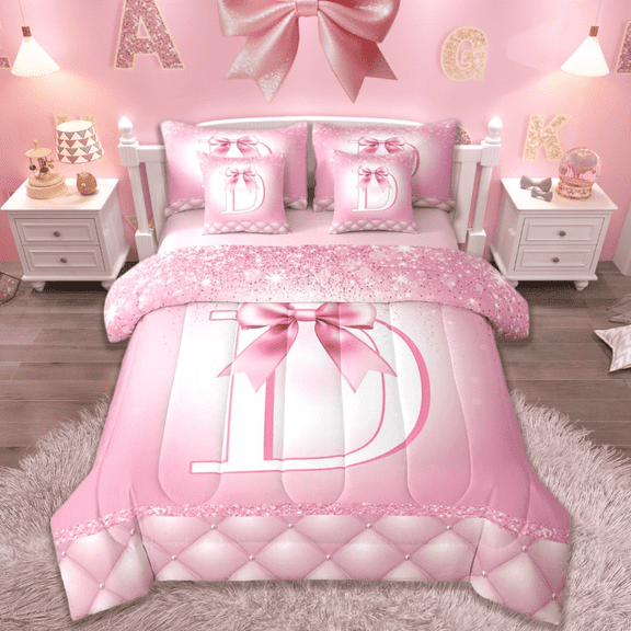 jejeloiu Personalized Letter D Twin Bedding Sets 7-Piece,Monogrammed Theme Bedding Comforter Set,Cartoon Bowtie Bowknot Sheet Sets For Girl Teens,Ultra Soft Bedroom Decor Reversible
