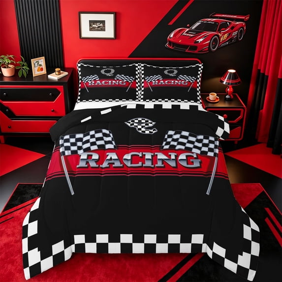 Catabedysis Personalized Letter Gifts Full Size Comforter Sets For Boys,Racing Print Alphabet Q Bedding Comforter Set,Black Reversible,3 Pieces,1 Comforter and 2 Pillowcases