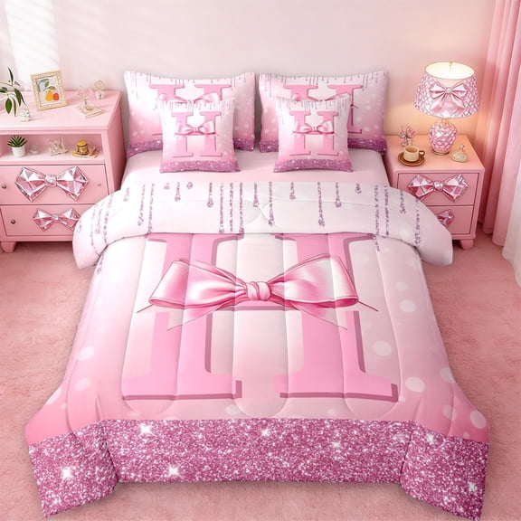 jejeloiu Personalized Letter H Bedding Comforter Set 7-Piece,Monogrammed Theme King Bedding Sets,Ribbon Bow Knot Bed Sheets,Ultra Soft Bedroom Decor Reversible