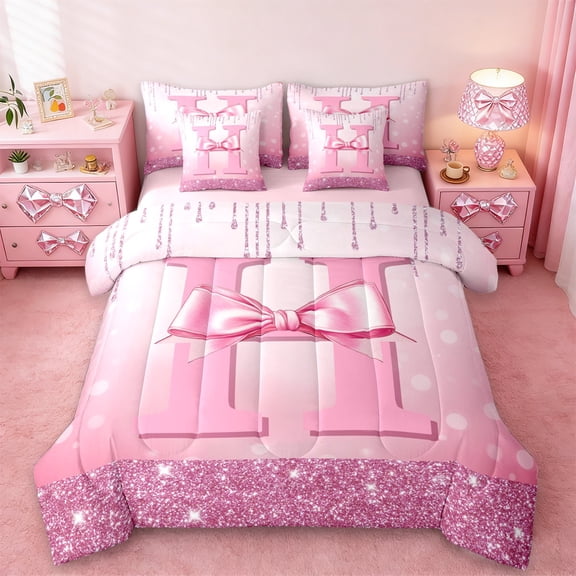 jejeloiu Personalized Letter H Bedding Comforter Set 7-Piece,Monogrammed Theme King Bedding Sets,Ribbon Bow Knot Bed Sheets,Ultra Soft Bedroom Decor Reversible
