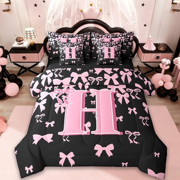 jejeloiu Personalized Letter H Bedding Comforter Set 7 Pieces,Monogrammed Theme Full Bedding Set,Ribbon Bow Knot Fitted Flat ,Ultra Soft Bedroom Decor Reversible