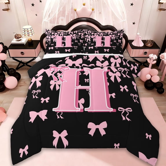 jejeloiu Personalized Letter H Bedding Comforter Set,Monogrammed Theme Twin Comforter Sets,Ribbon Bow Knot Bedding Set,Ultra Soft Bedroom Decor Reversible,2pcs
