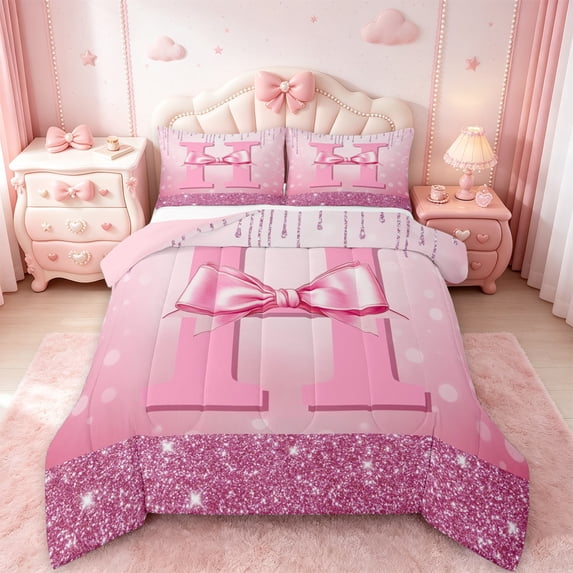 jejeloiu Personalized Letter H Full Size Comforter Sets,Monogrammed Theme Bedding Comforter Set,Ribbon Bow Knot Bedding Sets,Ultra Soft Bedroom Decor Reversible,3 Pieces