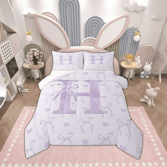 jejeloiu Personalized Letter H Full Size Comforter Sets,Monogrammed Theme Bedding Comforter Set,Ribbon Bow Knot Bedding Sets,Ultra Soft Bedroom Decor Reversible,3pcs