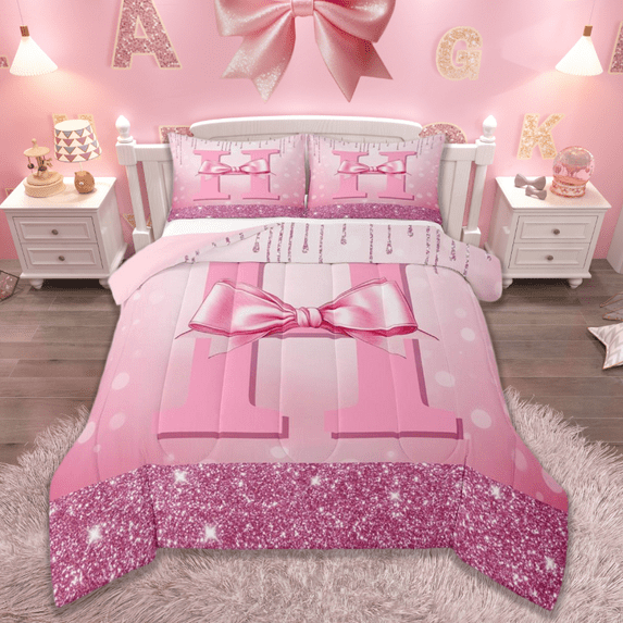 jejeloiu Personalized Letter H Full Size Comforter Sets,Monogrammed Theme Bedding Comforter Set,Ribbon Bow Knot Bedding Sets,Ultra Soft Bedroom Decor Reversible,3 Pieces