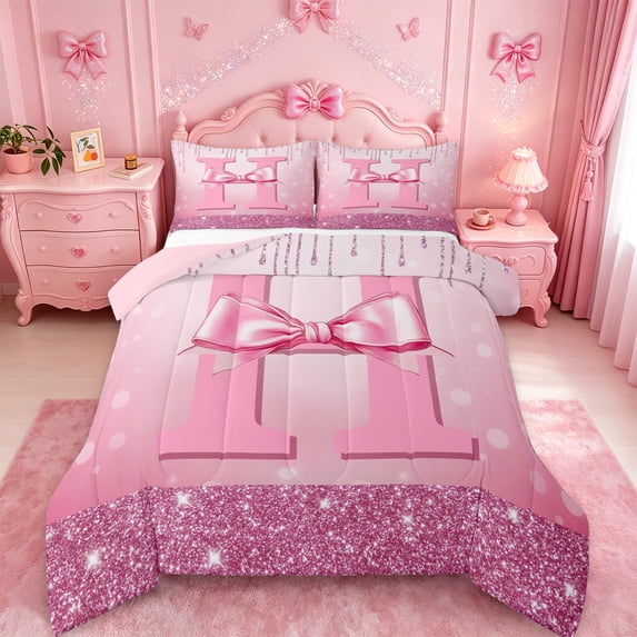 jejeloiu Personalized Letter H Full Size Comforter Sets,Monogrammed Theme Bedding Comforter Set,Ribbon Bow Knot Bedding Sets,Ultra Soft Bedroom Decor Reversible,3 Pieces