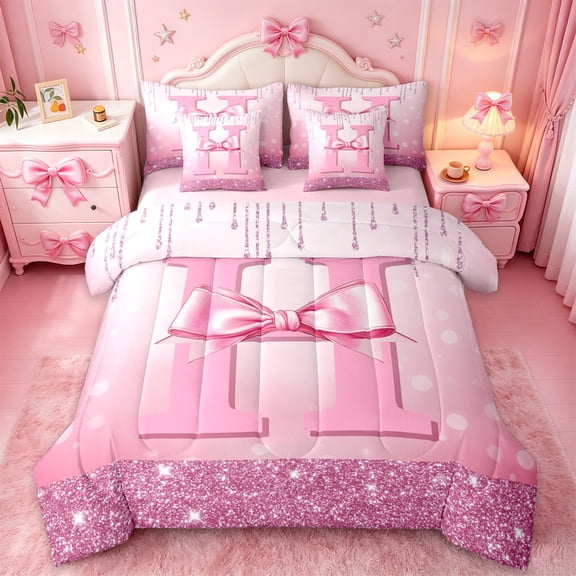 jejeloiu Personalized Letter H Twin Bedding Sets 7-Piece,Monogrammed Theme Bedding Comforter Set,Ribbon Bow Knot Sheet Sets,Ultra Soft Bedroom Decor Reversible