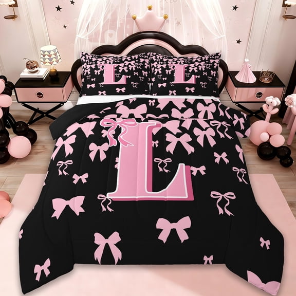 jejeloiu Personalized Letter L Bedding Comforter Set,Monogrammed Theme Twin Comforter Sets,Ribbon Bow Knot Bedding Set,Ultra Soft Bedroom Decor Reversible,2-Piece