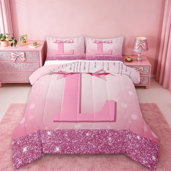 jejeloiu Personalized Letter L Bedding Comforter Set,Monogrammed Theme Twin Comforter Sets,Ribbon Bow Knot Bedding Set,Ultra Soft Bedroom Decor Reversible,2 Pieces