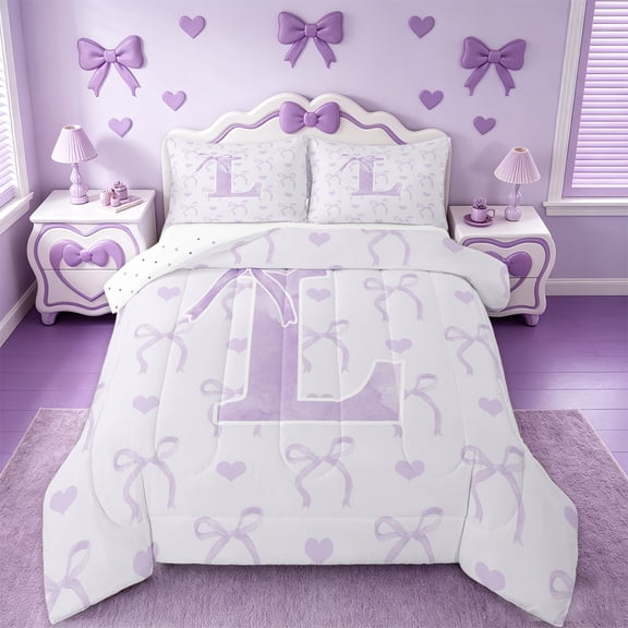 jejeloiu Personalized Letter L Bedding Comforter Set,Monogrammed Theme Twin Comforter Sets,Ribbon Bow Knot Bedding Set,Ultra Soft Bedroom Decor Reversible,2pcs