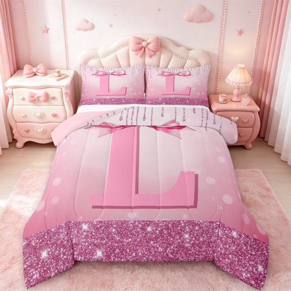 jejeloiu Personalized Letter L Bedding Comforter Set,Monogrammed Theme Twin Comforter Sets,Ribbon Bow Knot Bedding Set,Ultra Soft Bedroom Decor Reversible,2 Pieces