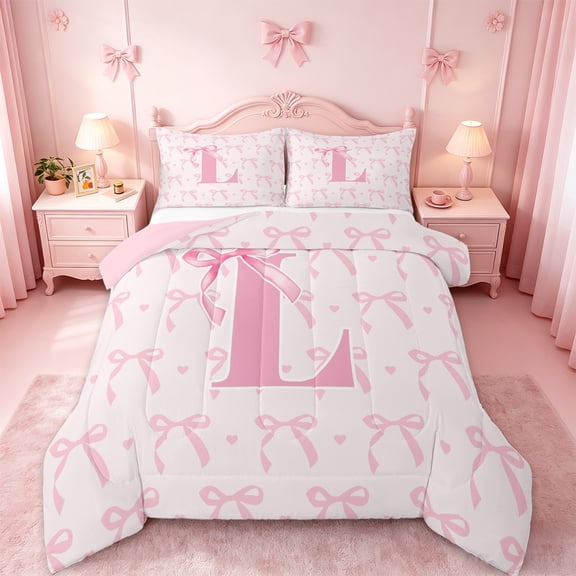 jejeloiu Personalized Letter L Bedding Comforter Set,Monogrammed Theme Twin Comforter Sets,Ribbon Bow Knot Bedding Set,Bedroom Decor Ultra Soft Reversible,3-Piece