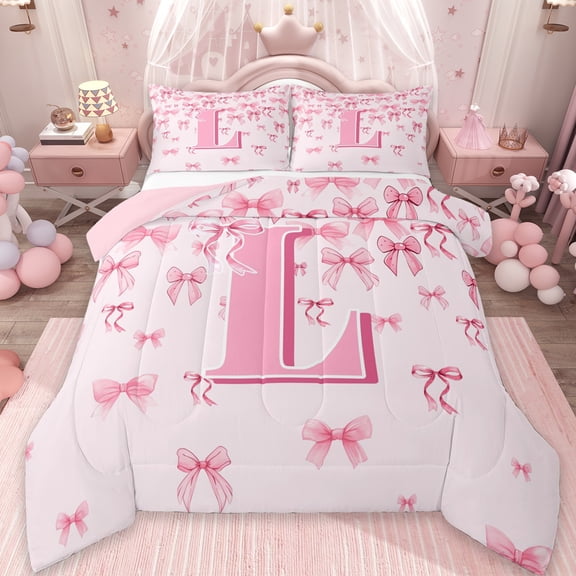 jejeloiu Personalized Letter L Queen Comforter Set,Monogrammed Theme Bedding Sets,Ribbon Bow Knot Bedding Comforter Set,Ultra Soft Bedroom Decor Reversible,3-Piece