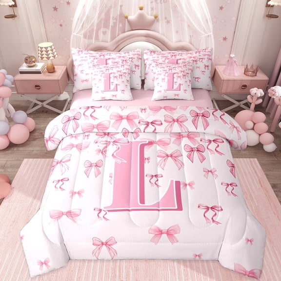 jejeloiu Personalized Letter L Twin Bedding Sets 7-Piece,Monogrammed Theme Bedding Comforter Set,Ribbon Bow Knot Sheet Sets,Ultra Soft Bedroom Decor Reversible