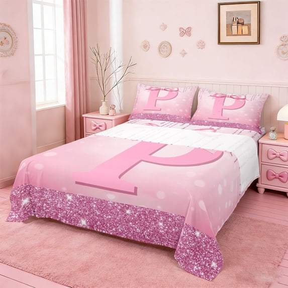 jejeloiu Personalized Letter P King Sheet Set,Monogrammed,Ribbon Bow Knot,4-Piece Ultra Soft