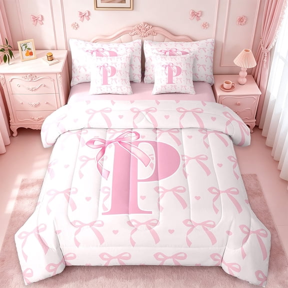 jejeloiu Personalized Letter P Bedding Comforter Set,7 Pieces,Monogrammed Theme Full Bedding Set,Ribbon Bow Knot Fitted Sheet Flat Sheet,Ultra Soft Bedroom Decor Reversible