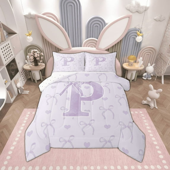 jejeloiu Personalized Letter P Bedding Comforter Set,Monogrammed Theme Twin Comforter Sets,Ribbon Bow Knot Bedding Set,Ultra Soft Bedroom Decor Reversible,2-Piece