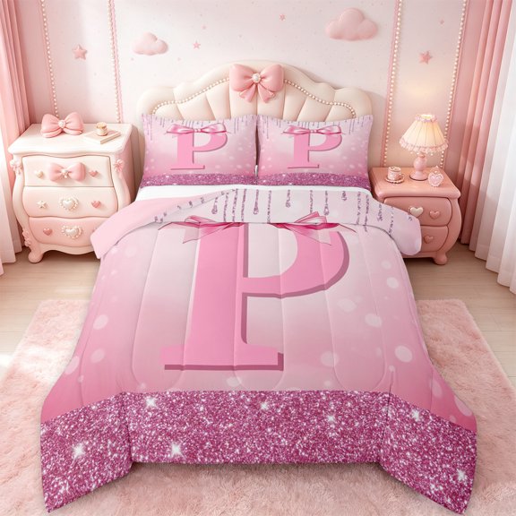 jejeloiu Personalized Letter P Bedding Comforter Set,Monogrammed Theme Twin Comforter Sets,Ribbon Bow Knot Bedding Set,Ultra Soft Bedroom Decor Reversible,2pcs